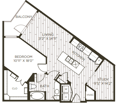 Floor plan for 1 bed, 1 bath, 909 sqft